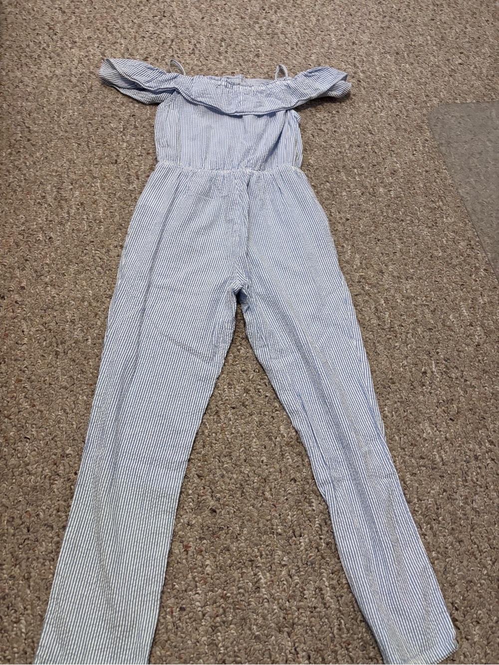 H&M Blue and White Striped Off-Shoulder Jumpsuit